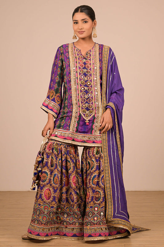 Purple Crepe Sharara Set with Canvas Tote Bag with Vibrant Print Motifs