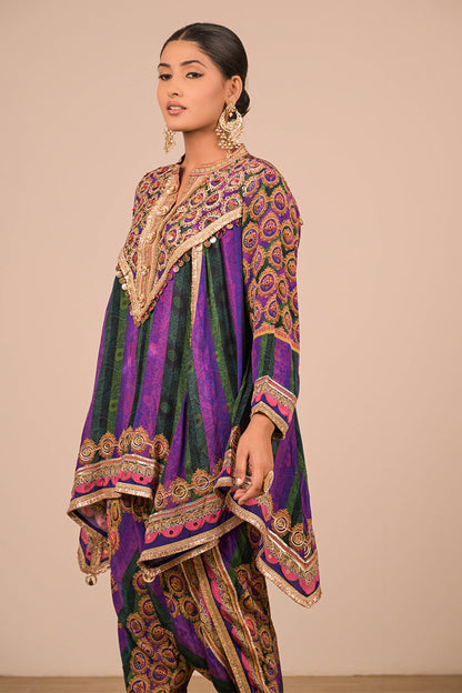 Purple Crepe Suit with Tulip Pant, Mirror Embroidery with Canvas Tote Bag