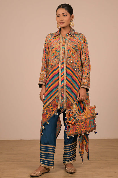 Sapphire Blue Asymmetrical Kurta Set  In Crepe Fabric with Canvas Tote Bag