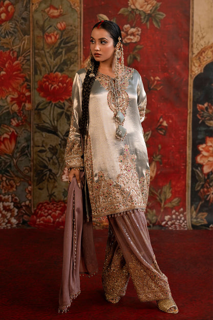 Ivory Banarsi Silk Tissue Kurta Set With Embroidered Borders And Statement Trousers