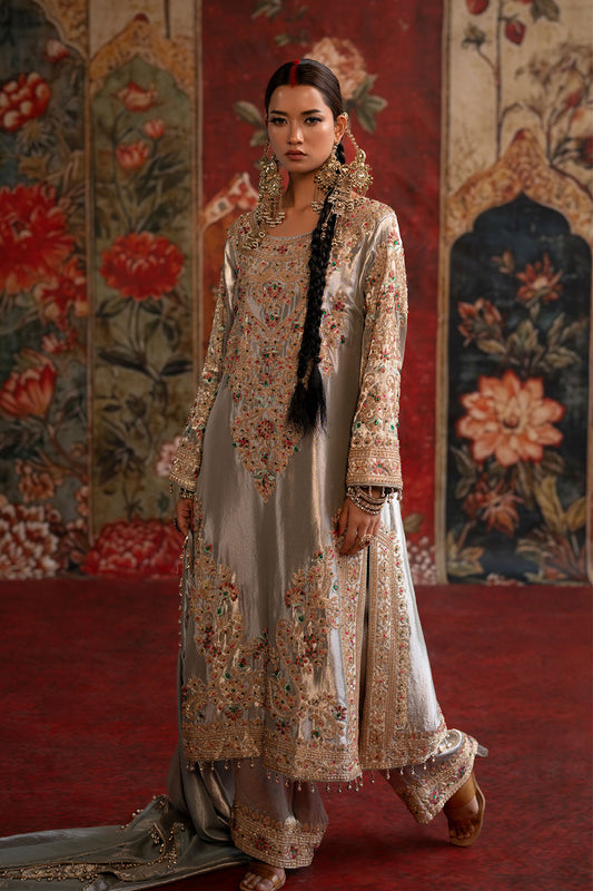 Ivory Banarsi Silk Tissue Kurta Set With Floral Embroidery And Flowing Dupatta Elegance