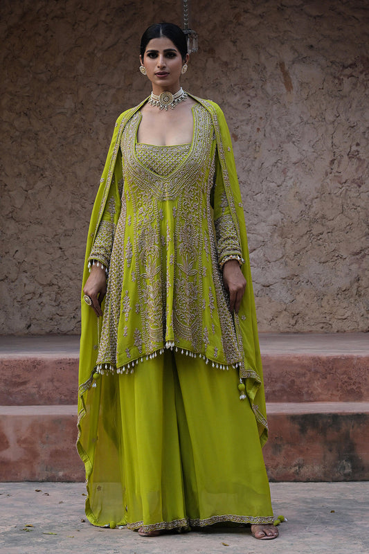 Lime Green Georgette Beads Embroidered Kurta Palazzo Set