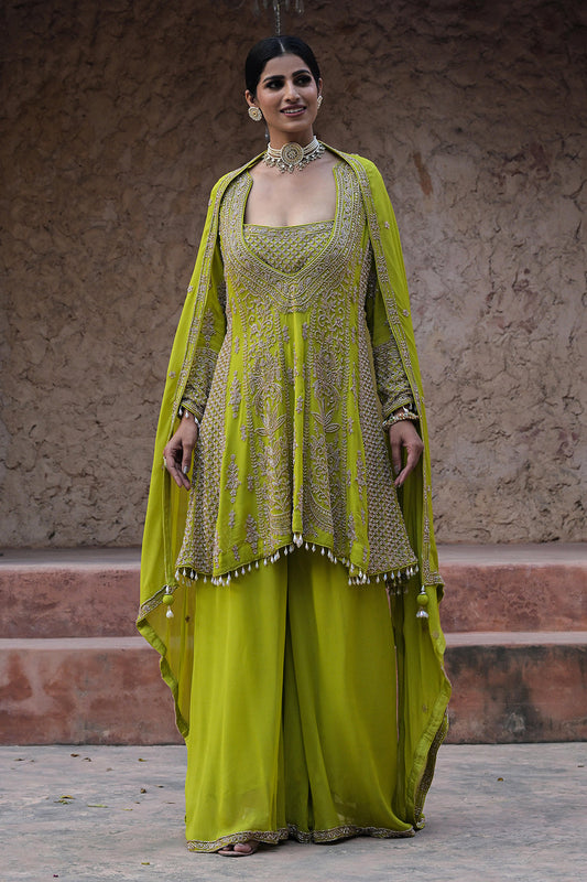Lime Green Georgette Beads Embroidered Kurta Palazzo Set