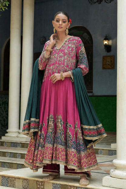Magenta Pink Crepe Anarkali Suit With Teal Embroidered Dupatta Design