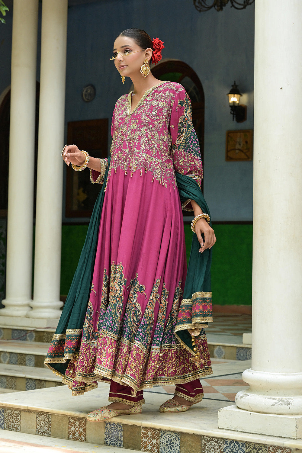 Magenta Pink Crepe Anarkali Suit With Teal Embroidered Dupatta Design
