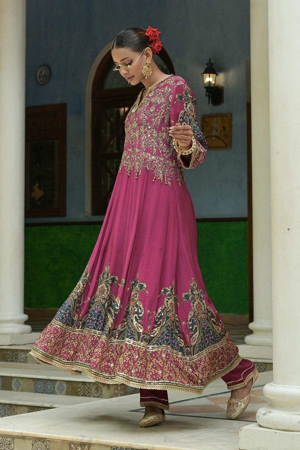 Magenta Pink Crepe Anarkali Suit With Teal Embroidered Dupatta Design