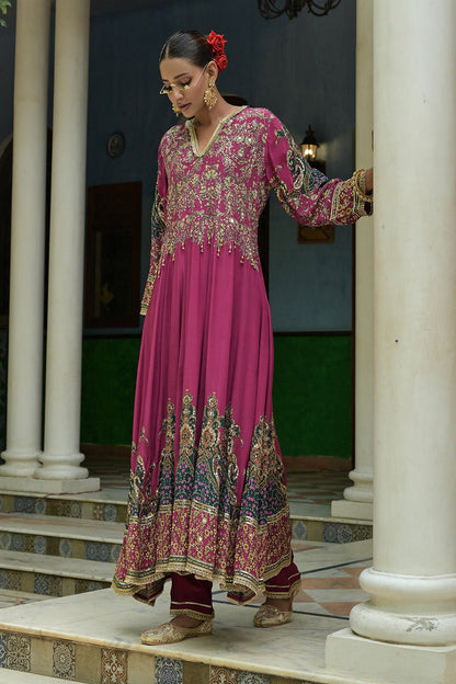 Magenta Pink Crepe Anarkali Suit With Teal Embroidered Dupatta Design