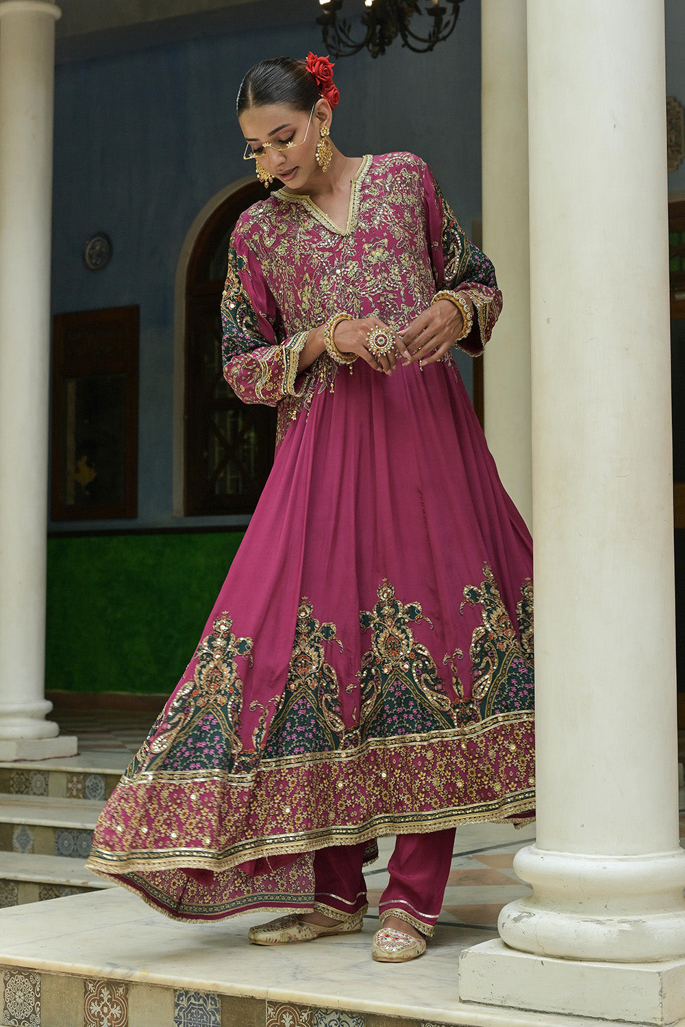 Magenta Pink Crepe Anarkali Suit With Teal Embroidered Dupatta Design