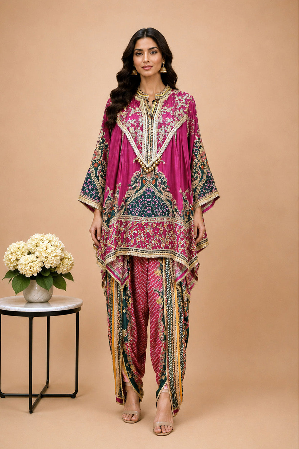 Magenta Pink Crepe Draped Kurta With Printed Patiala Pants Detailing