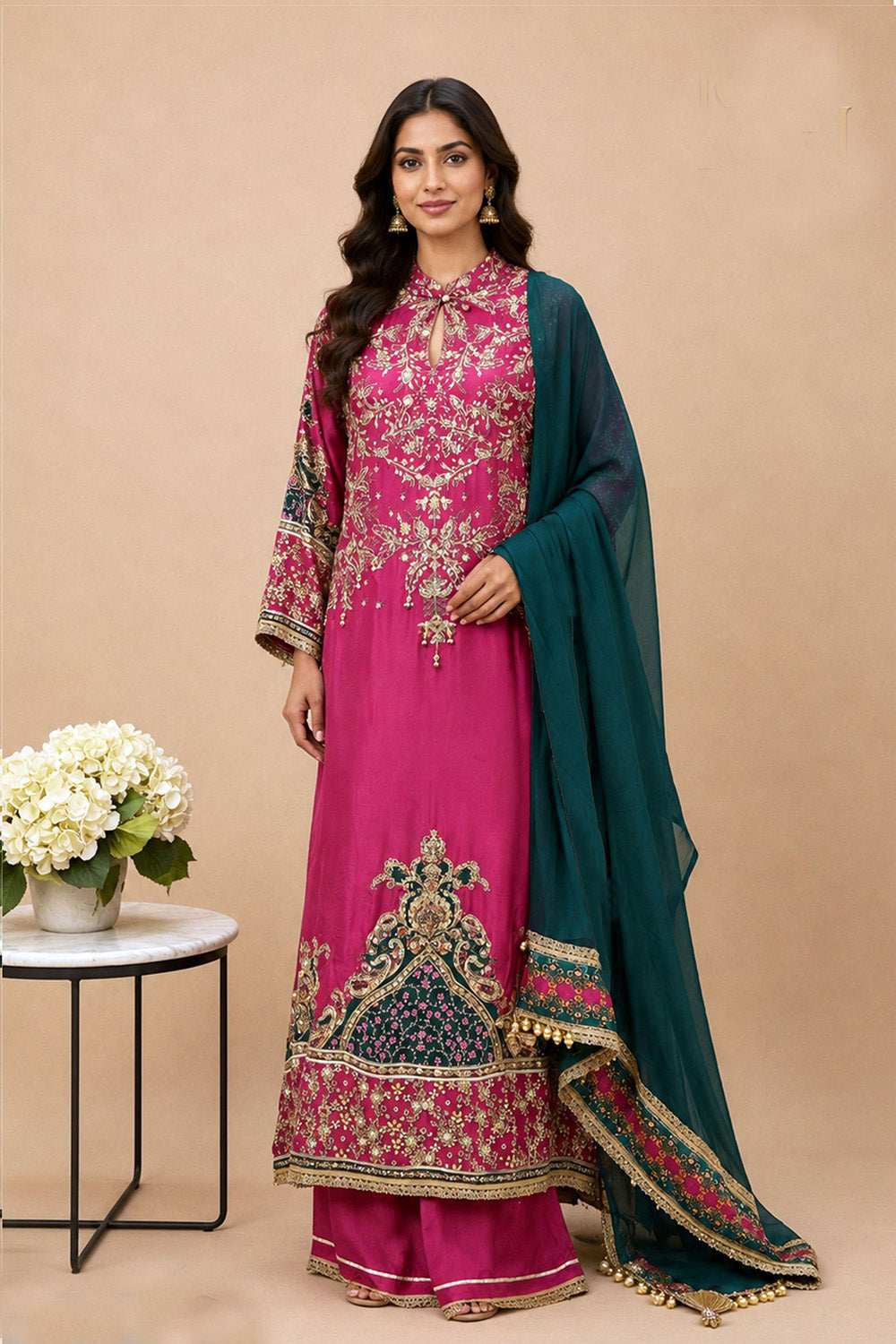 Magenta Pink Crepe Kurta Palazzo Suit With Teal Dupatta Detailing