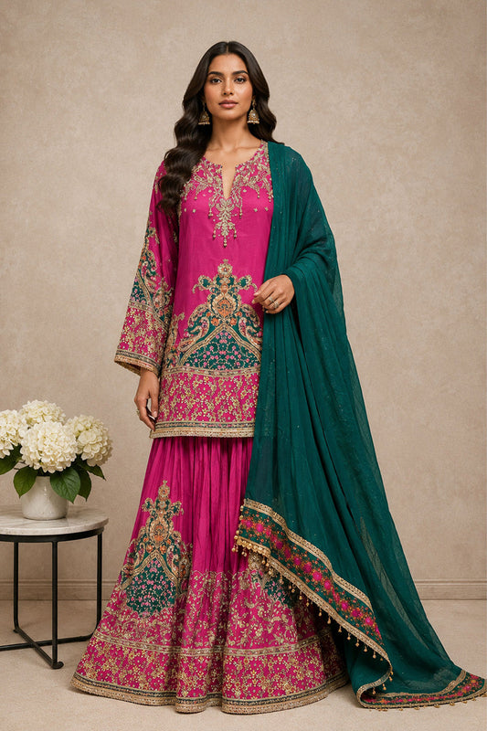 Magenta Pink Crepe Sharara Suit With Teal Embroidered Dupatta Design