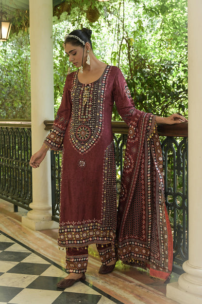 Maroon Crepe A Line Long Kurta Set With Printed Detailing