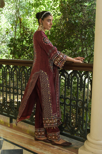 Maroon Crepe A Line Long Kurta Set With Printed Detailing