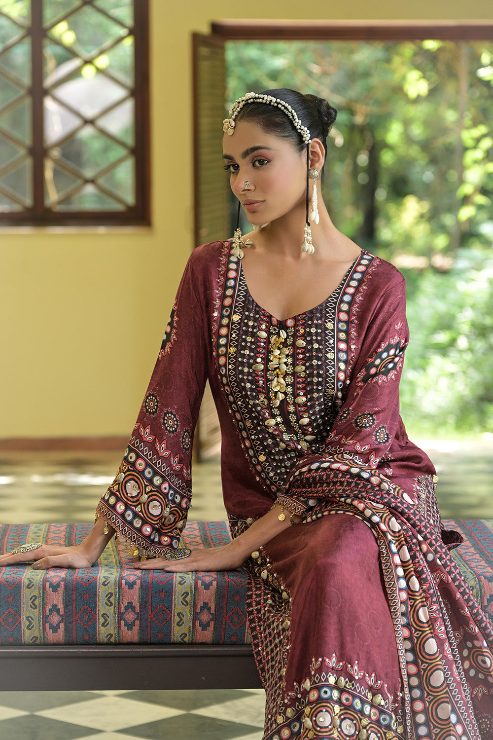Maroon Crepe A Line Long Kurta Set With Printed Detailing
