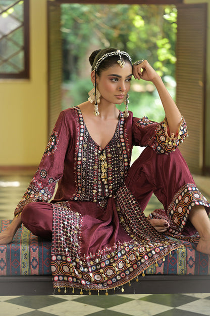 Maroon Crepe A Line Long Kurta Set With Printed Detailing