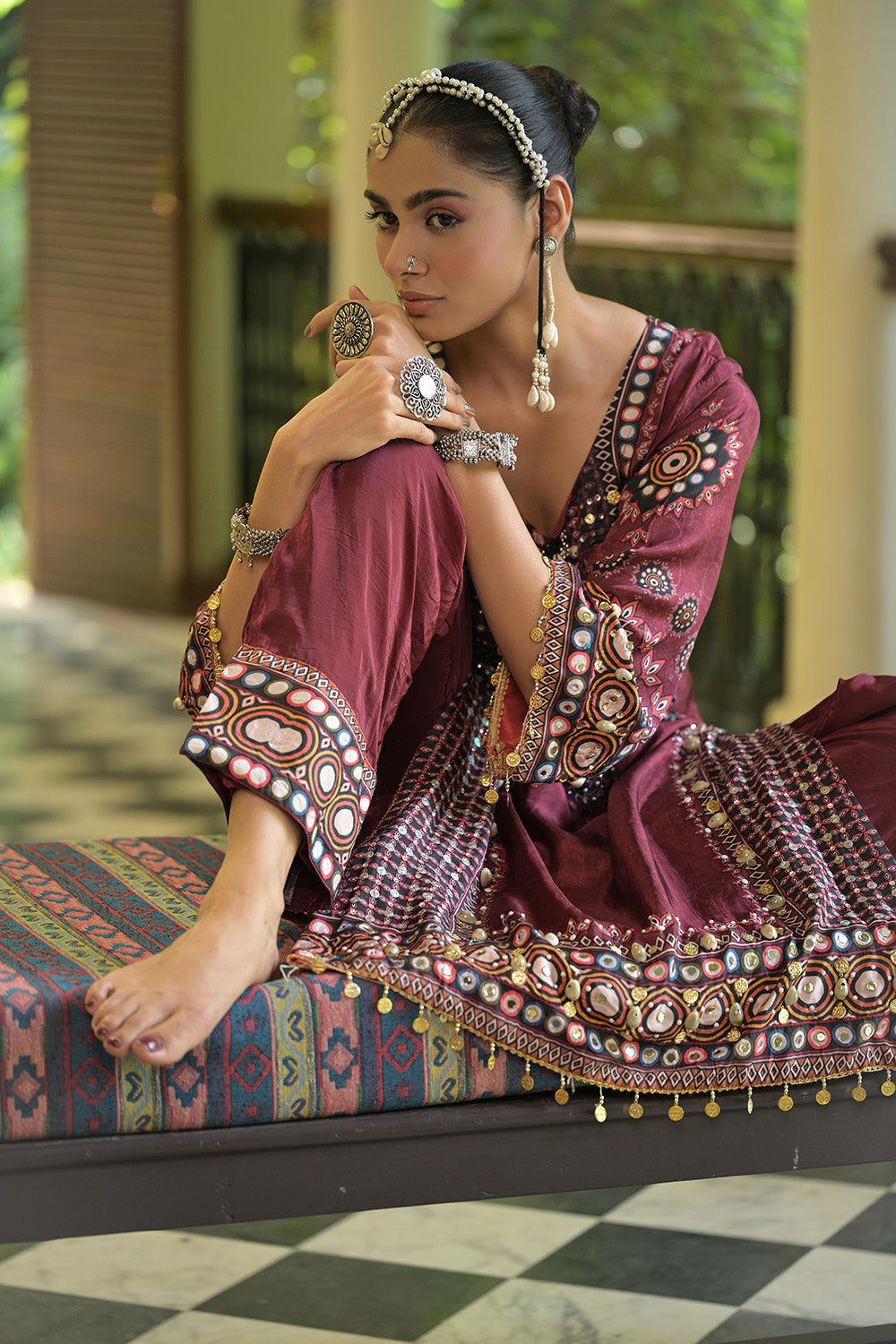 Maroon Crepe A Line Long Kurta Set With Printed Detailing