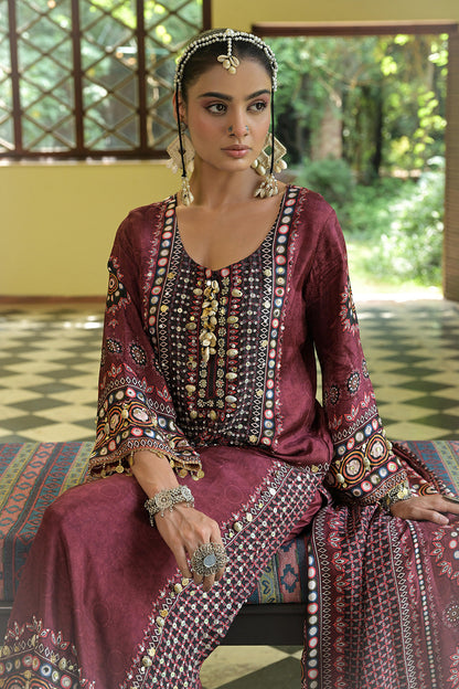 Maroon Crepe A Line Long Kurta Set With Printed Detailing