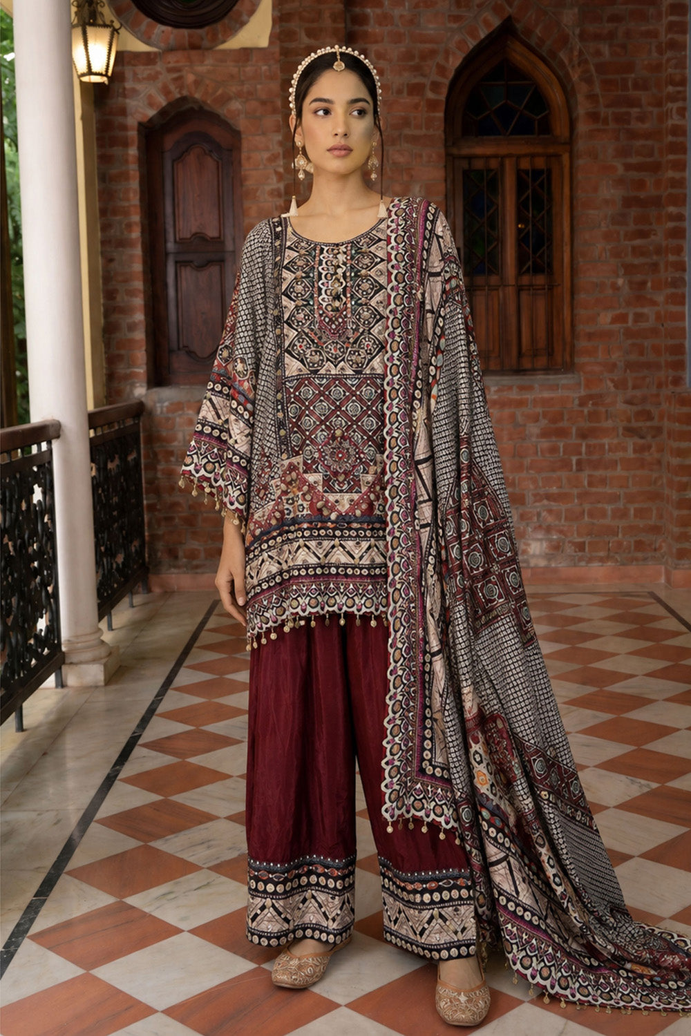 Maroon Crepe Short Kurti With Printed Farshi Pants And Dupatta