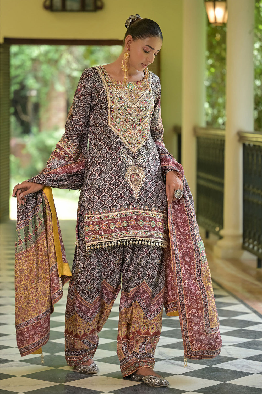 Maroon Crepe Short Kurti With Printed Farshi Pants And Dupatta
