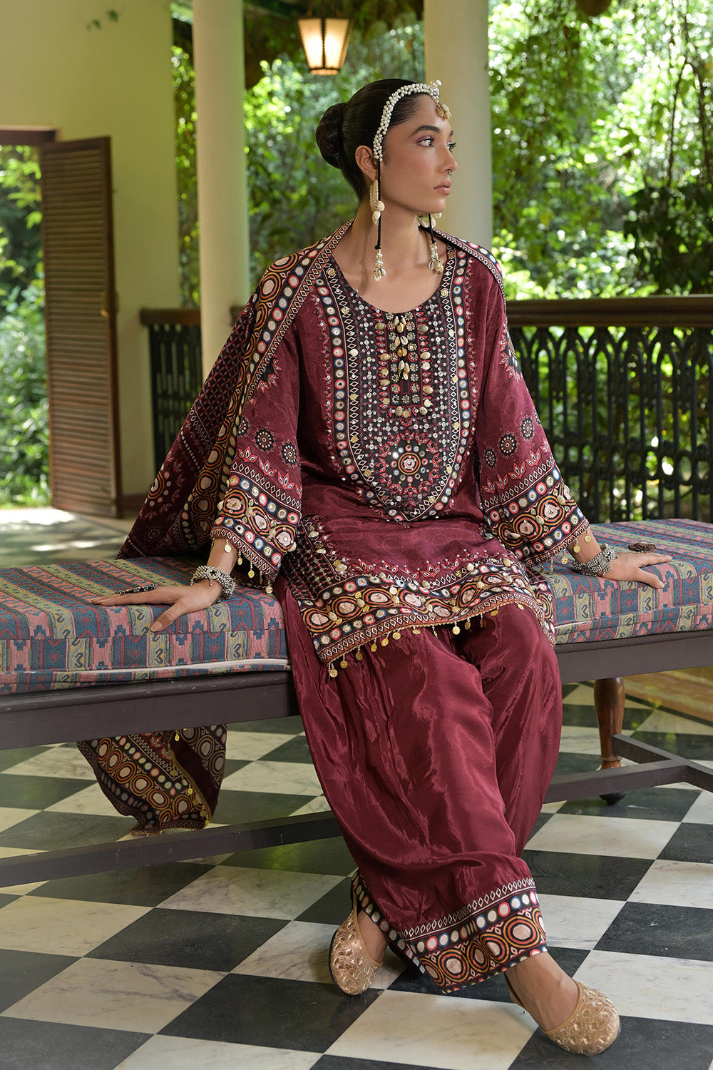 Maroon Crepe Short Kurti With Printed Farshi Pants And Dupatta