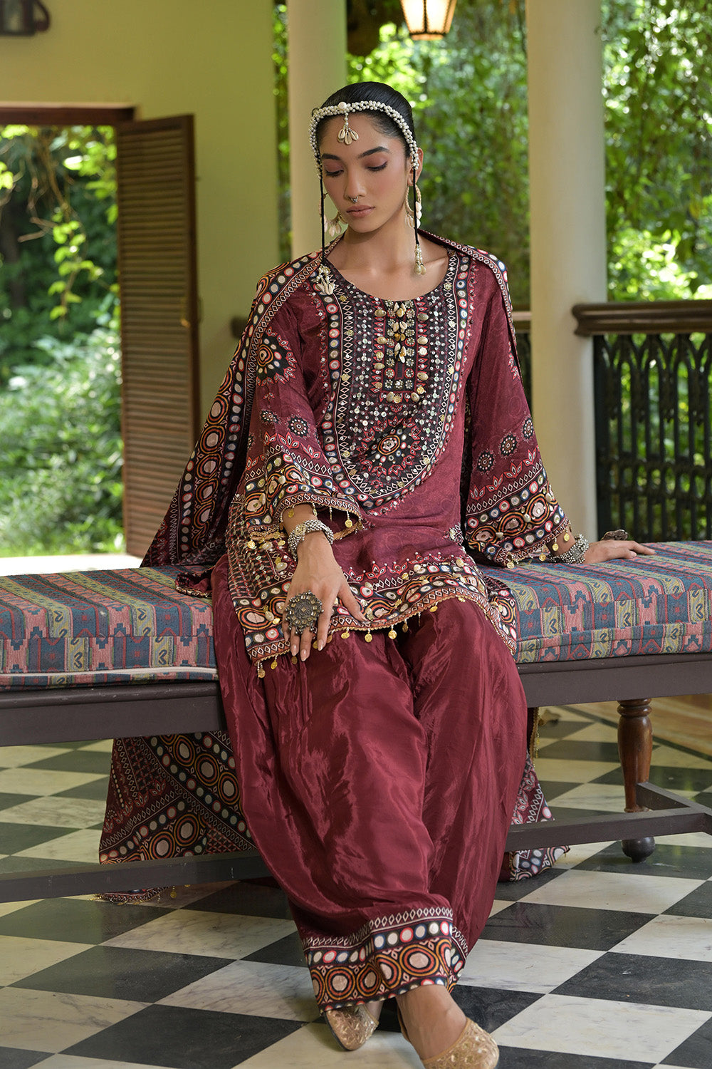 Maroon Crepe Short Kurti With Printed Farshi Pants And Dupatta