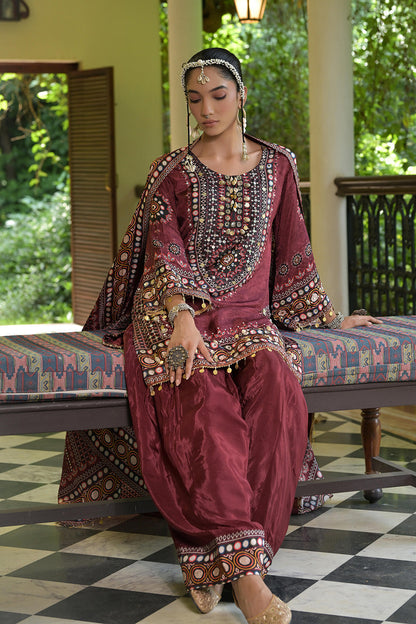 Maroon Crepe Short Kurti With Printed Farshi Pants And Dupatta
