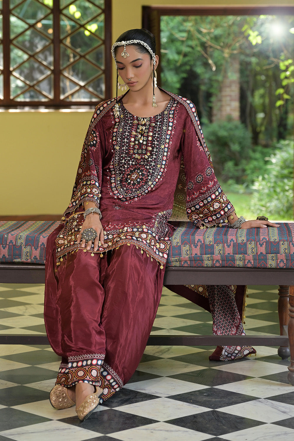 Maroon Crepe Short Kurti With Printed Farshi Pants And Dupatta