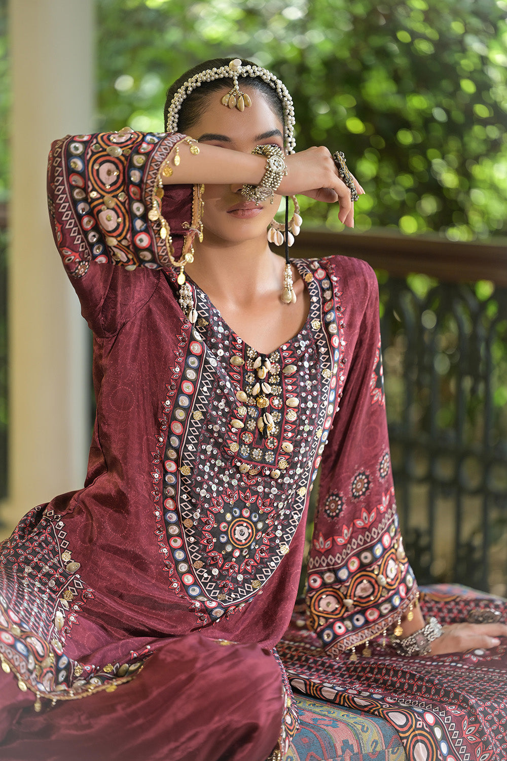 Maroon Crepe Short Kurti With Printed Farshi Pants And Dupatta