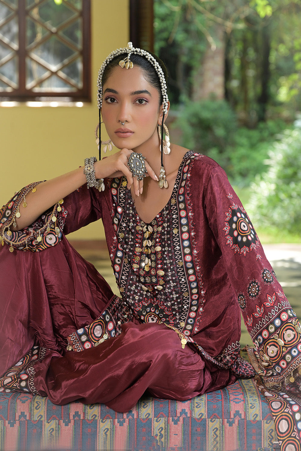 Maroon Crepe Short Kurti With Printed Farshi Pants And Dupatta