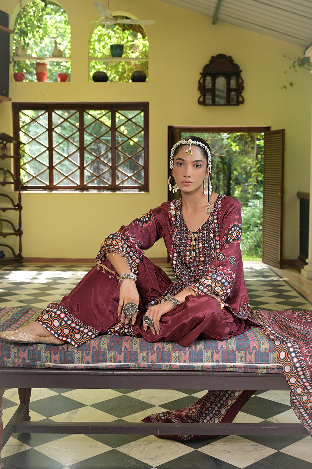 Maroon Crepe Short Kurti With Printed Farshi Pants And Dupatta