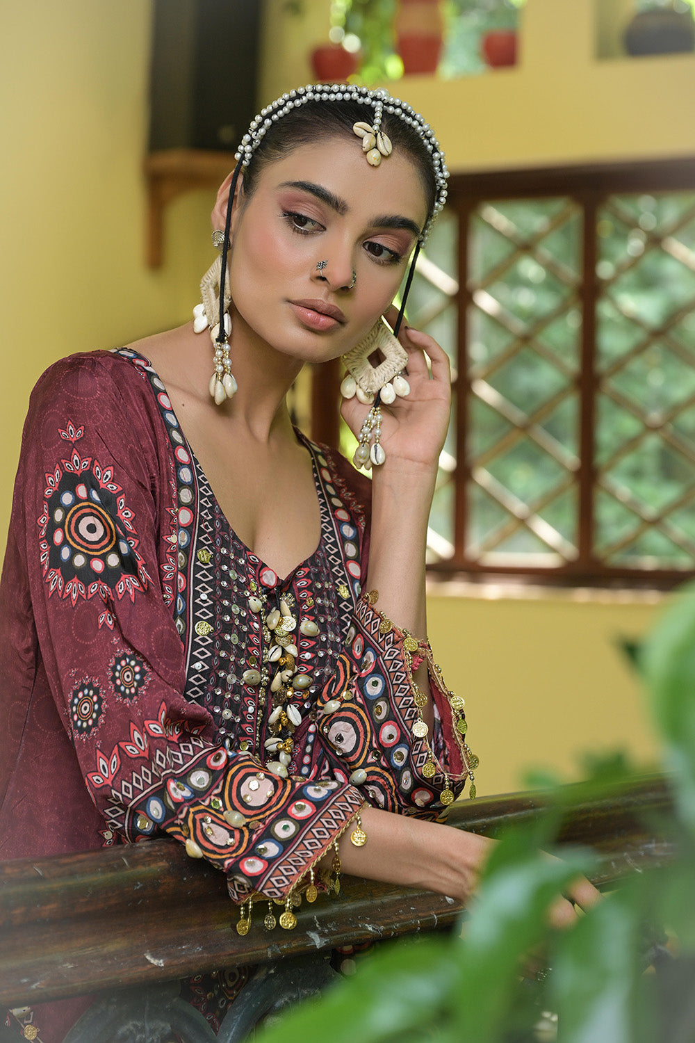 Maroon Crepe Short Kurti With Printed Farshi Pants And Dupatta