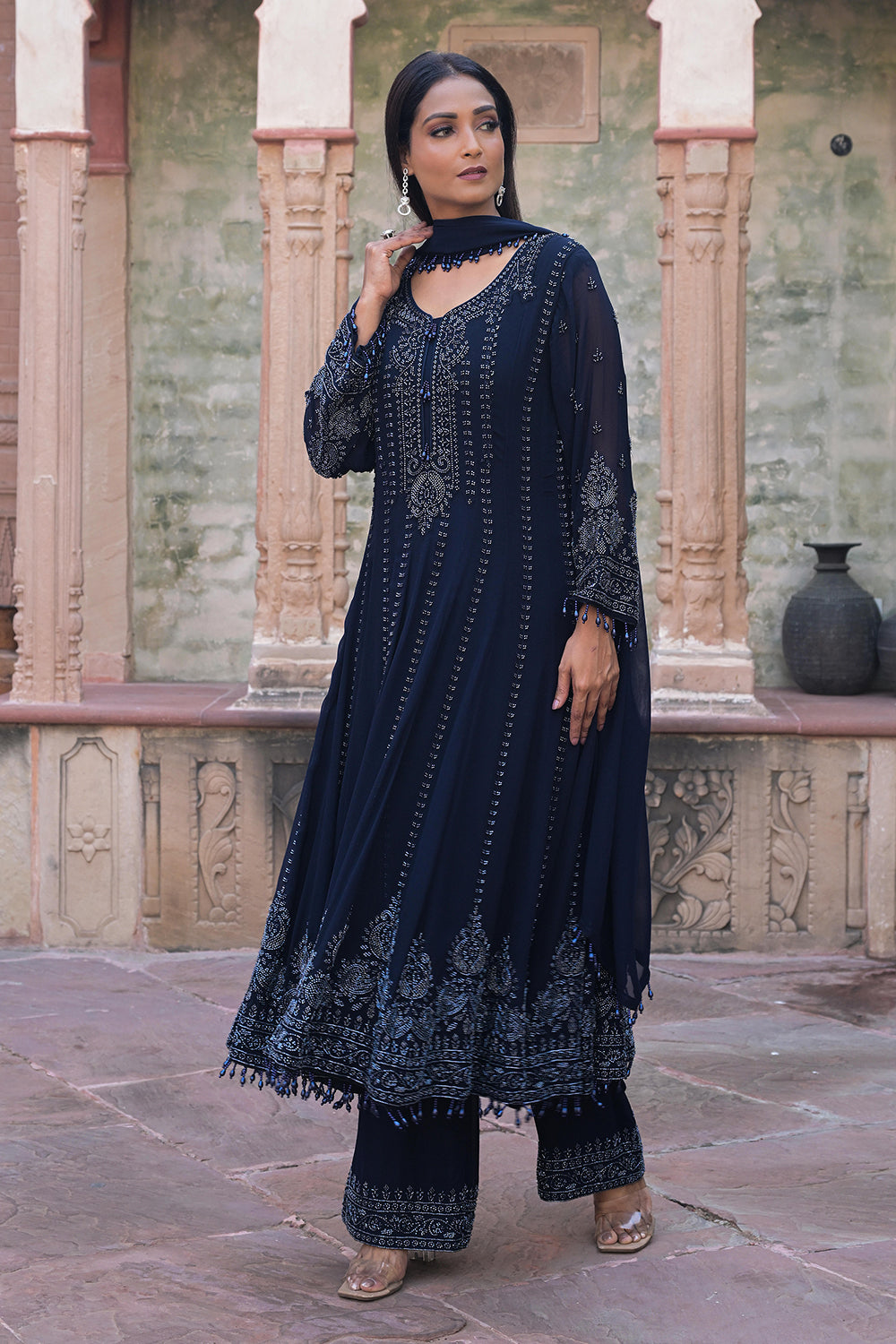 Midnight Blue Georgette Beads Work Anarkali Suit Set
