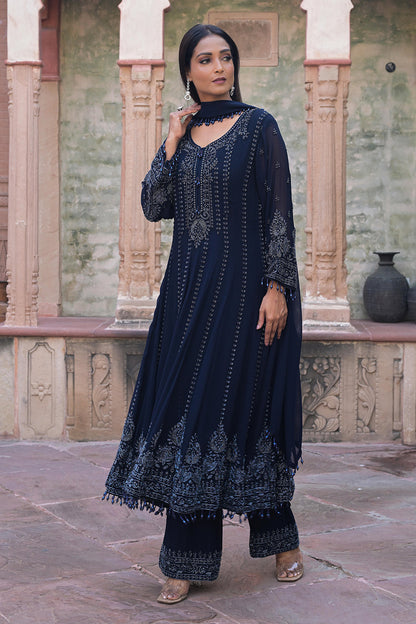 Midnight Blue Georgette Beads Work Anarkali Suit Set