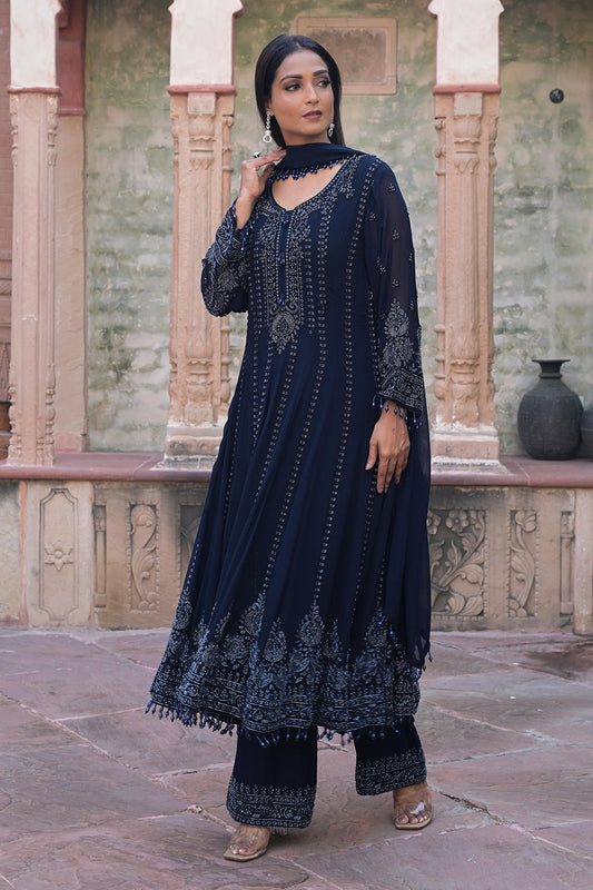 Midnight Blue Georgette Beads Work Anarkali Suit Set