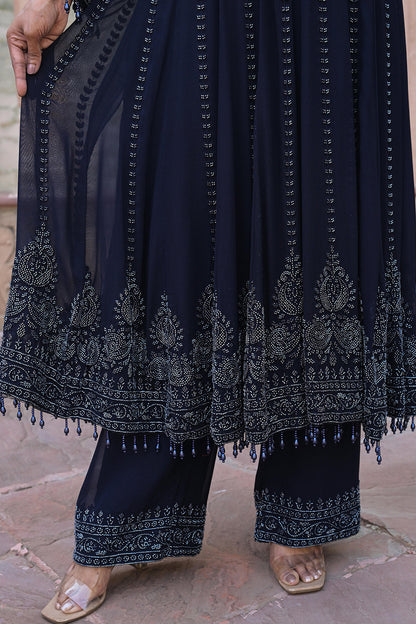 Midnight Blue Georgette Beads Work Anarkali Suit Set