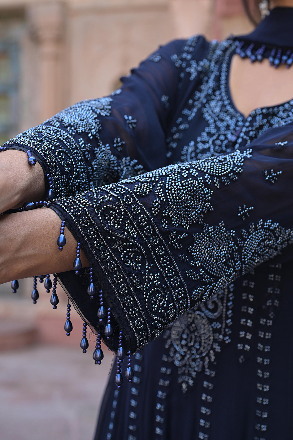 Midnight Blue Georgette Beads Work Anarkali Suit Set