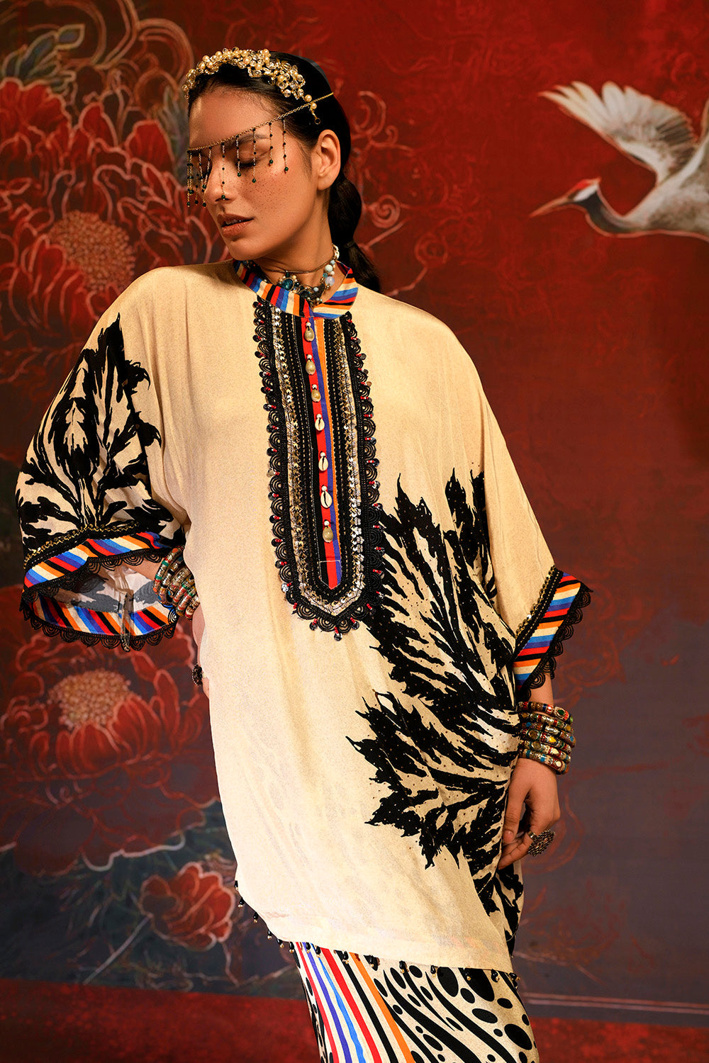 Mosaic Beige Black Printed crepe co-ord Festive Set