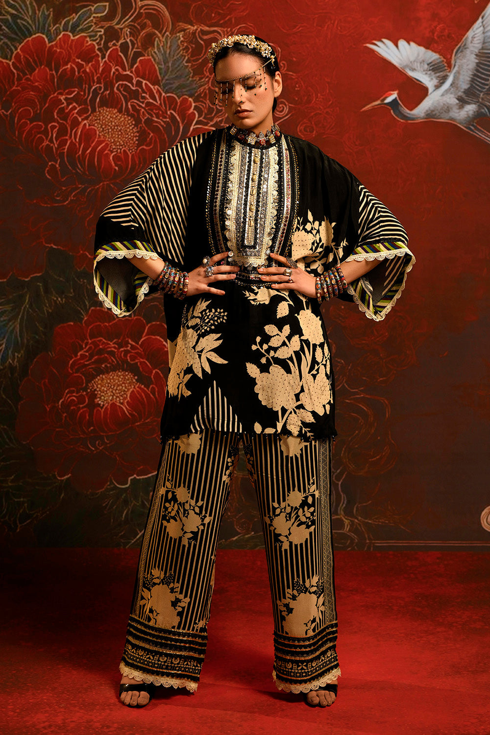 Mosaic Black Beige Floral Designer crepe Co-ord Festive Set