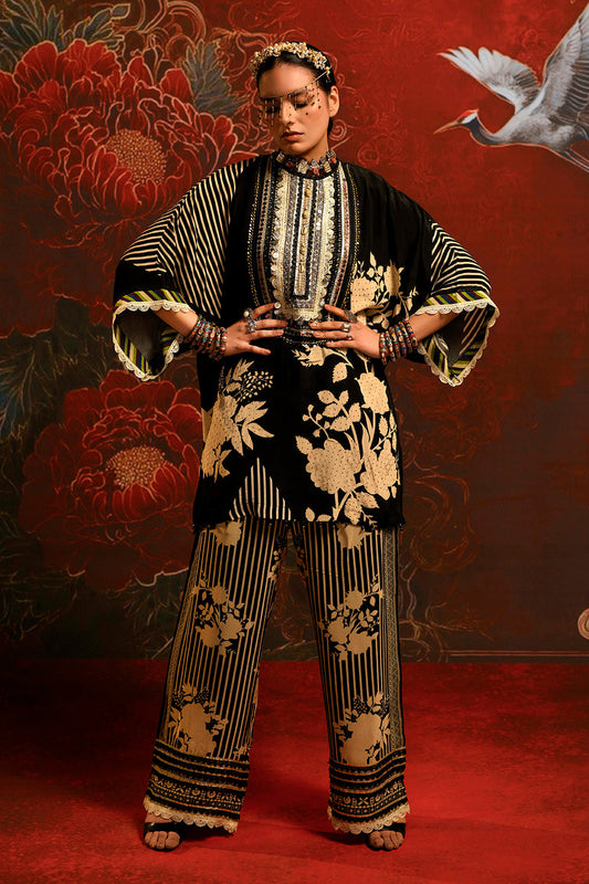 Mosaic Black Beige Floral Designer crepe Co-ord Festive Set