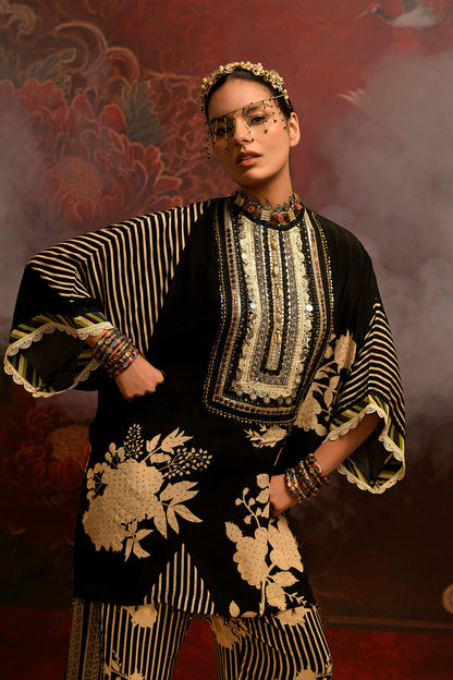 Mosaic Black Beige Floral Designer crepe Co-ord Festive Set