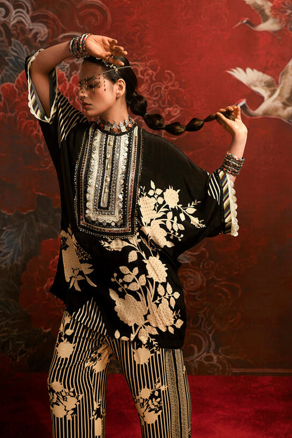 Mosaic Black Beige Floral Designer crepe Co-ord Festive Set