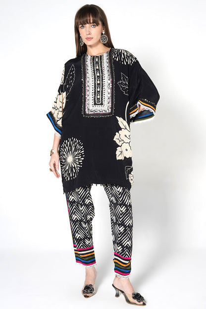 Mosaic Black Floral Printed Designer Kurta Contemporary crepe Co-ord Set