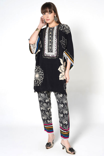 Mosaic Black Floral Printed Designer Kurta Contemporary crepe Co-ord Set