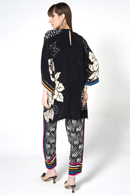 Mosaic Black Floral Printed Designer Kurta Contemporary crepe Co-ord Set
