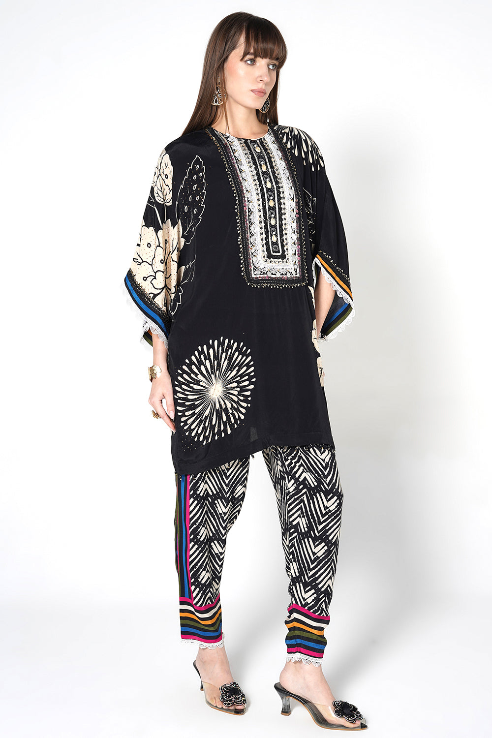 Mosaic Black Floral Printed Designer Kurta Contemporary crepe Co-ord Set