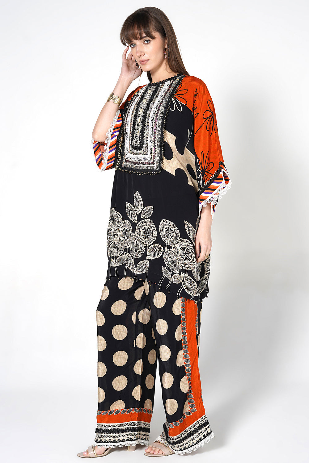 Mosaic Black Red Printed crepe Kurta Palazzo Festive Co-Ord