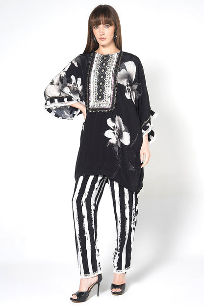 Mosaic Black White Floral Designer Kurta Statement crepe Co-ord Set