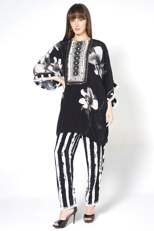 Mosaic Black White Floral Designer Kurta Statement crepe Co-ord Set