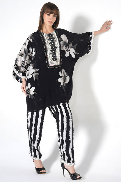 Mosaic Black White Floral Designer Kurta Statement crepe Co-ord Set