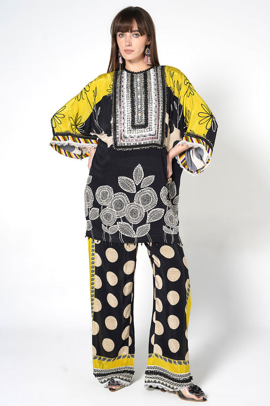 Mosaic Black Yellow Printed crepe Kurta Palazzo Statement Festive Co-Ord